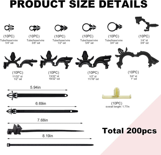 200 PCS Car Wire Loom Routing Clips, 15 Sizes Push Mount Cable Tie Auto Nylon Harness Clips Assortment, Self Locking Harness Routing Clip Replacement Parts for Most Vehicles
