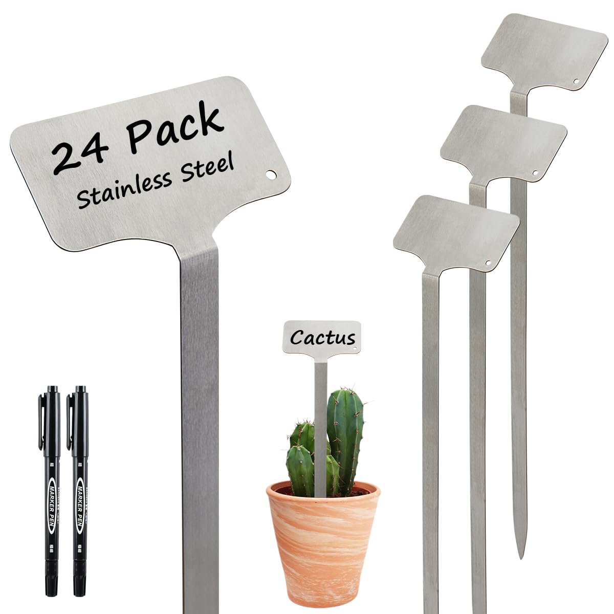24 Pack Stainless Steel Plant Labels, Waterproof Metal Plant Markers for Outdoor Garden, Greenhouse, Vegetables, Herbs, Flowers - Comes with 2 Permanent Markers (Samll-8 in L)