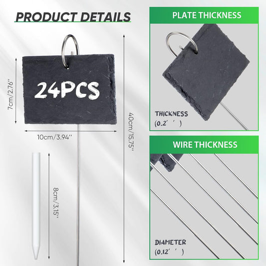 Leifide 24 Sets Plant Labels, Reusable Slate Plant Markers Natural Weatherproof Garden Signs Waterproof Hanging Slate Planter Tags with Metal Stakes and Stone Chalks for Vegetable Flower Pot