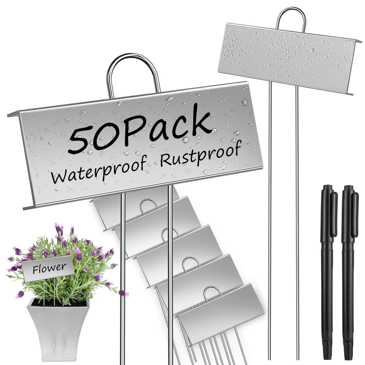 WSICSE 50-Pack Metal Plant Labels, 10.6 in Garden Markers with Pen, Silver