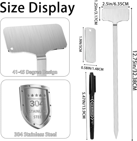 304 Stainless Steel Plant Markers, 50 Waterproof Metal Plant Label Stakes with 50 Tag Buckles & 2 Marker Pen, 12.75" Garden Markers for Outdoor Indoor Plants Identification.