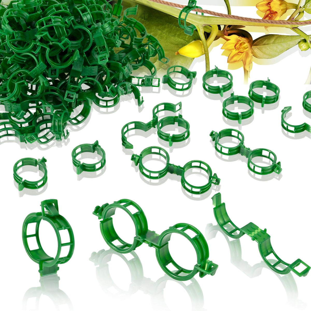 Secured Plant Support Clips - Heavy Duty Tomato Clips for String Trellis 200Pcs, Grape Vine Grid Clamp for Garden Netting Climbing Plants, Fixing Stem and Vine (Green)