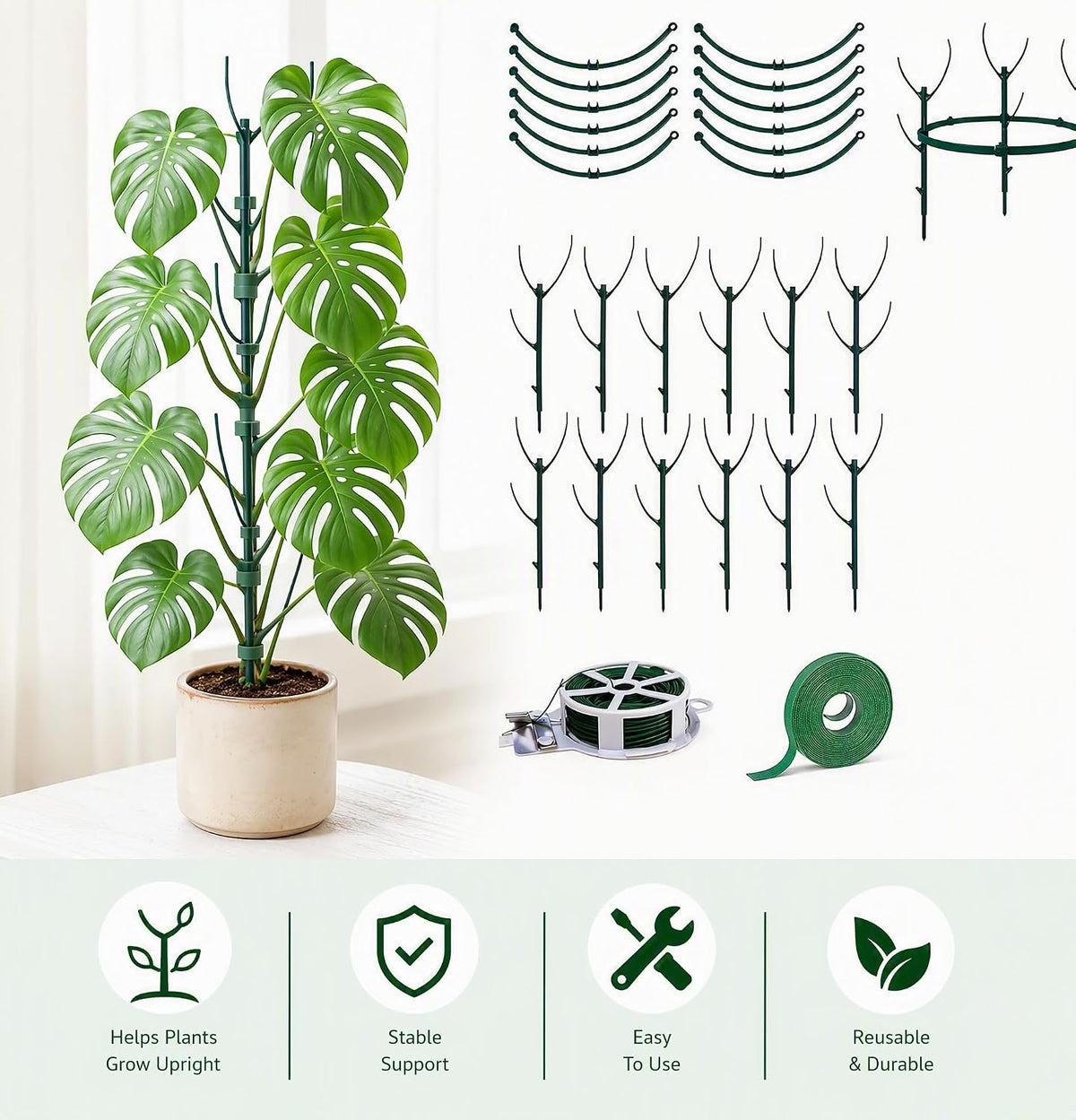 12 Pack Monstera Plant Support, Stackable Plant Sticks Support Tall for Indoor Climbing Plants, with Clips & Ties, Green Reusable Plant Support Poles for Pothos, Vines