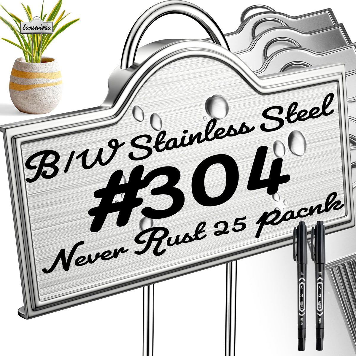 Stainless Steel 304 Plant Labels Weatherproof, Metal Garden Label Tall Markers 25 Pack for Plants Vegetables Herb Seedlings Flowers with 2 Pens, Height 10.75 Inch, Label Area 3.74'' x 1.39''