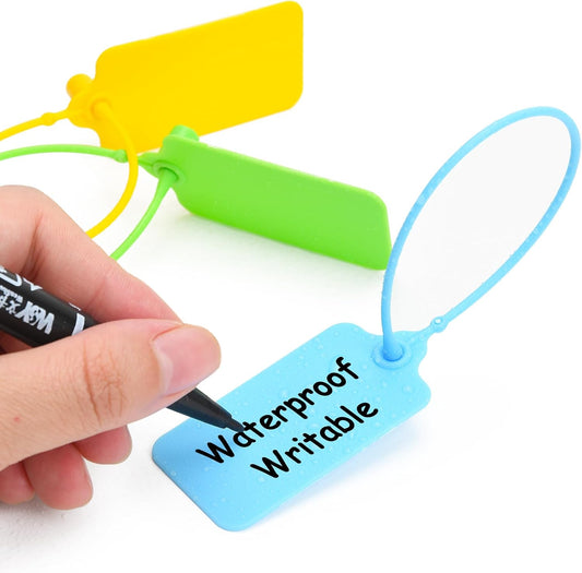 100 Blank Plastic Tags for Labeling Waterproof Hanging Labels Writable Tags Seal Plastic Marking Label for Clothes Bags Keys Inventory with One Marker Pen (Mixed 5 Color)