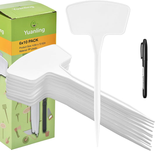 Plant Labels 60 Pcs Yuanling Plant Markers Large Plastic Plant Tags T-Type Waterproof Garden Labels for Outdoor Indoor Potted Plants Flowers Seeds Herbs Belt Garden Marker Pen (White)