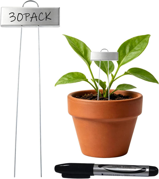 Metal Plant Labels, 30 Pack Plant Markers with Writing Pen, Waterproof Reusable T-Type Garden Tags for Potted Herbs, Flowers, Vegetables, Seedling, Outdoor Gardening