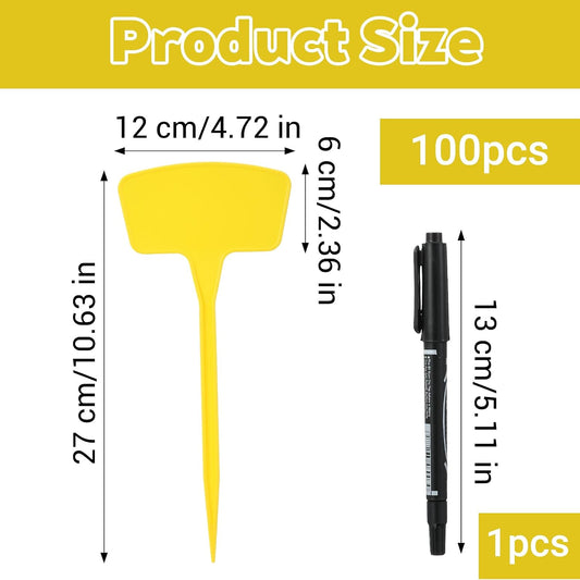 100 Pcs Plant Labels, Garden Markers Signs with Pen, 10.62" Large Plastic Plant Tags Waterproof T-Type Tags, Durable Nursery Garden Markers for Outdoor Indoor Potted Plants Flowers Seeds (Yellow)