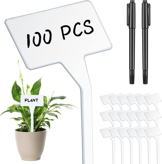 Yinkin 100 Pcs Large Plant Label Signs 11.8 Inch Plant Markers Plastic Garden Label Stakes Waterproof T Type Tags Nursery Garden Signs with Marker Pen for Flower Herb Pot(White)