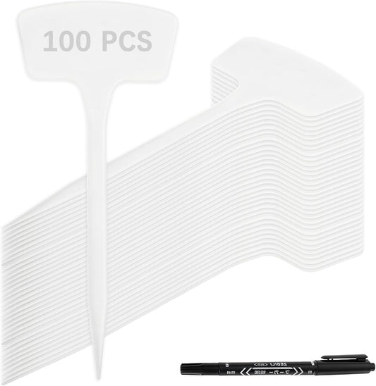 100 Pcs Plant Labels,T-Type 10.63inch Large Plastic Plant Tags Waterproof Plant Makers Nursery Garden Labels for Outdoor Indoor Plants Herbs Flowers Vegetable Potted Belt Marker Pen (White)