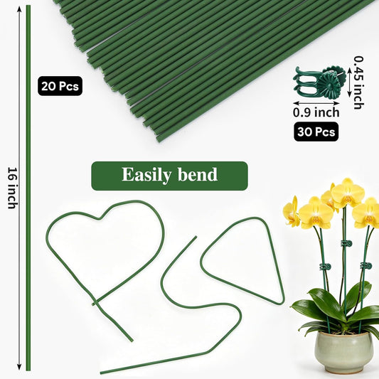 16 Inches Orchid Stakes and Clips, Pack of 20 Stakes, 30 Clips