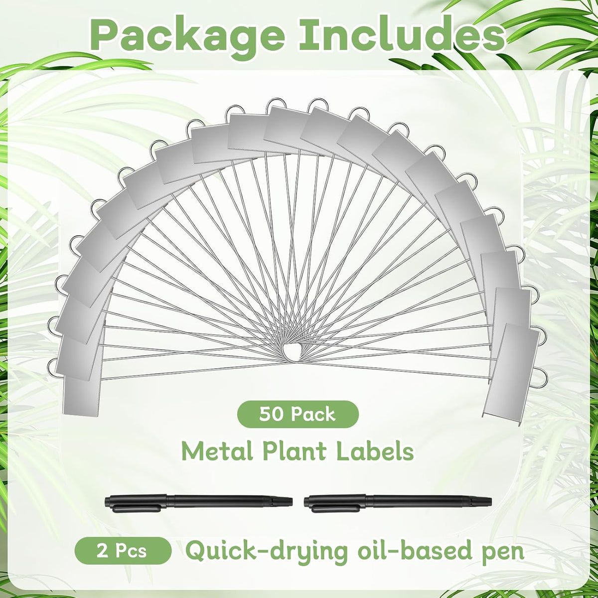 WSICSE 50-Pack Metal Plant Labels, 10.6 in Garden Markers with Pen, Silver