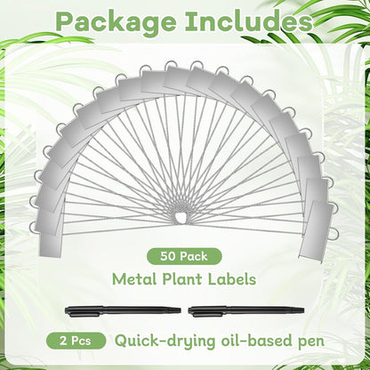WSICSE 50-Pack Metal Plant Labels, 10.6 in Garden Markers with Pen, Silver