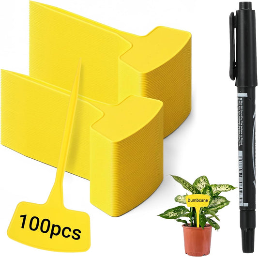 100 Pcs Plant Labels, Garden Markers Signs with Pen, 10.62" Large Plastic Plant Tags Waterproof T-Type Tags, Durable Nursery Garden Markers for Outdoor Indoor Potted Plants Flowers Seeds (Yellow)