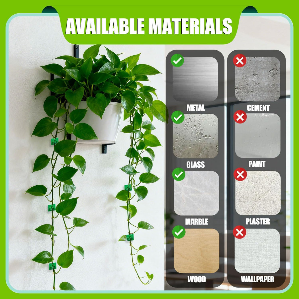 100Pcs Wall Plant Climbing Fixer Clips for Wall Vines Traction Fixing,Green