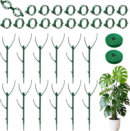 12 Pack Stackable Monstera Plant Support Poles with 20 Clips, 2 Roll Tie