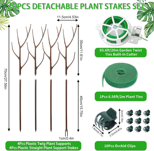 ROADPLUM 4 Pack 27.56" Detachable Twig Plant Support Stakes Set, Blends in to Plant, Branch Plant Sticks with Orchid Clips Twist Plant Ties, Twig Trellis for Indoor Outdoor Plants Potted Plants Flower