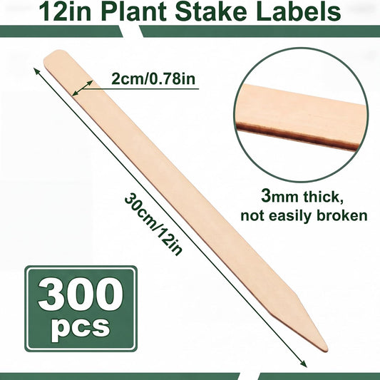 Suclain 300 Pack 12" Wooden Plant Label Natural Garden Tag Field Markers
