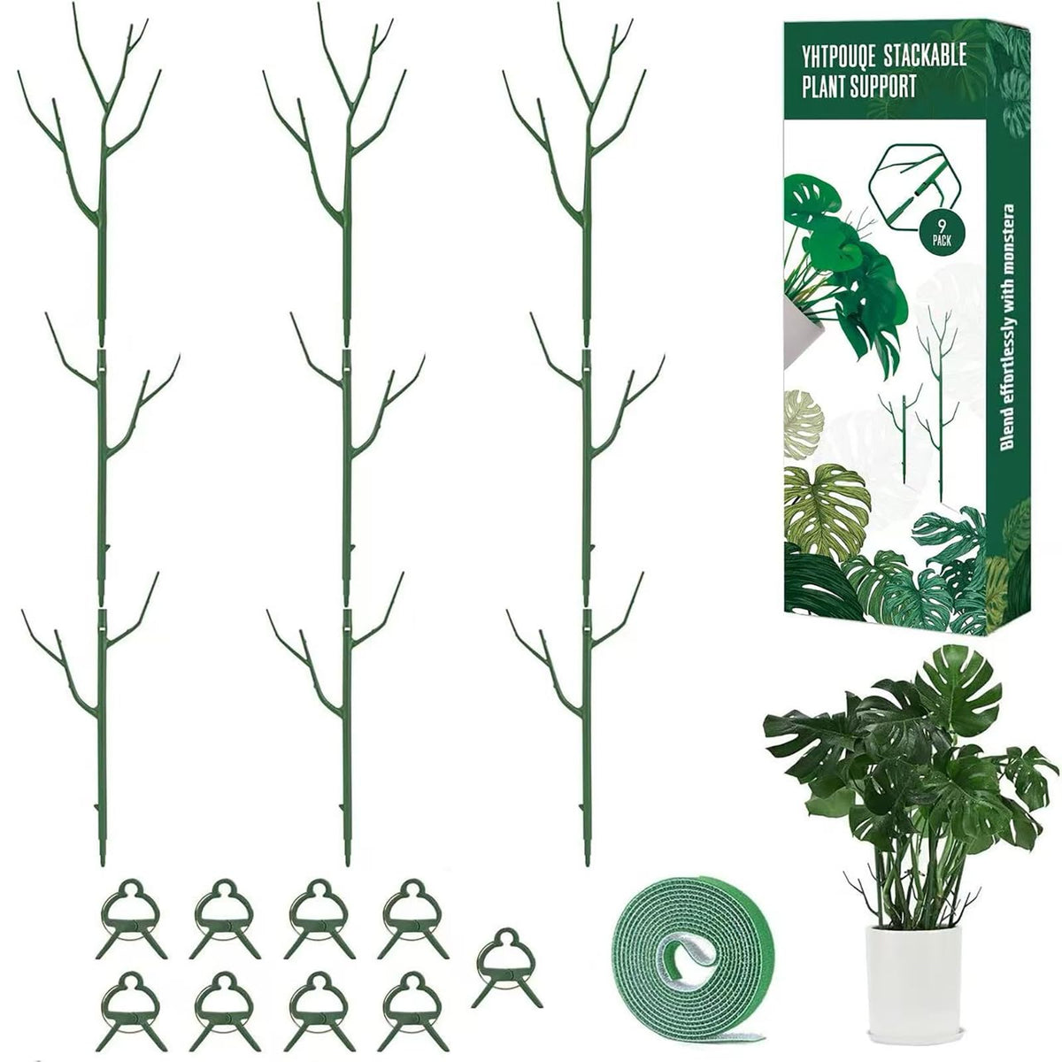 Yhtpouqe 12 Pack Plant Support Stakes, Plant Stakes for Indoor and Outdoor Plants. 39.37inch Plant Sticks with Extension Poles, Plant Clips, Plant Ties for Potted Monstera Plants, Climbing Plants