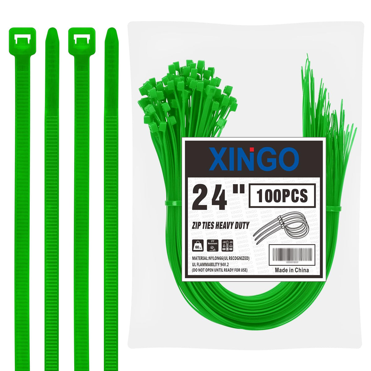 XINGO 18 inch Garden Green Zip Ties Heavy Duty (100 Pack), 60lb Tensile Strength, UV Resistant Cable Ties for indoor and outdoor use