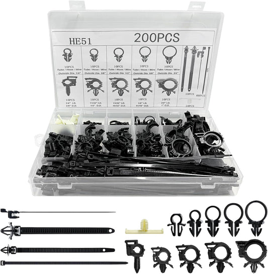 200 PCS Car Wire Loom Routing Clips, 15 Sizes Push Mount Cable Tie Auto Nylon Harness Clips Assortment, Self Locking Harness Routing Clip Replacement Parts for Most Vehicles