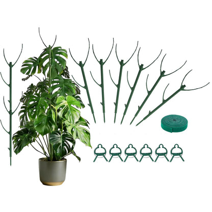 Tree Branch Plant Support Stakes – Stackable Plant Support Sticks with Clips & Velcro Tie – Natural Aesthetic Extendable Trellis for Indoor Plants, Monstera, Pot (Green-6 Pack)