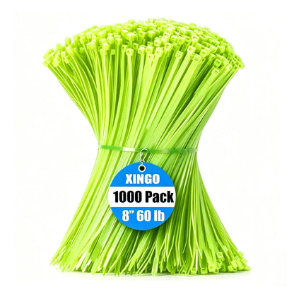 XINGO 1000 PCS Garden Green Zip Ties 8 Inch, 60 LBS Tensile Strength, Self-Locking Nylon Plastic Nylon PA66 Wire Ties for Indoor and Outdoor Use