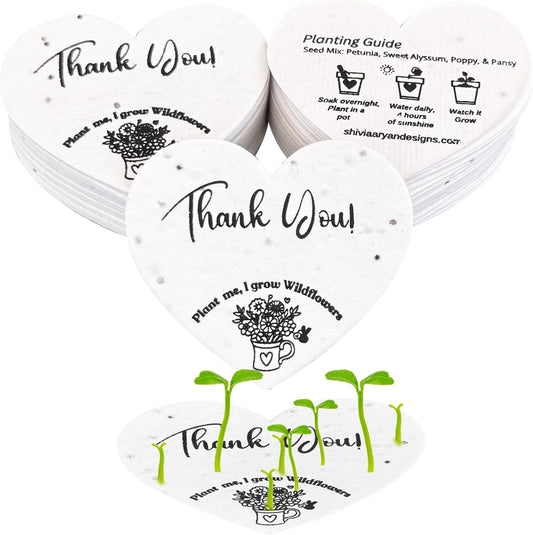 50 Plantable Seed Paper Hearts with Wildflower Seeds- A Thank You Card That Grows | A Memorable Gift Tag That Keeps Giving | 2.5in x 2in Thank You Note for Bridal Shower, Weddings, Holidays, and for Small Business Thank You Cards