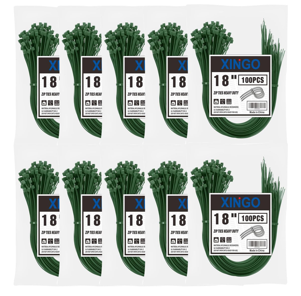 XINGO 18 inch Garden Green Zip Ties Heavy Duty (100 Pack), 60lb Tensile Strength, UV Resistant Cable Ties for indoor and outdoor use
