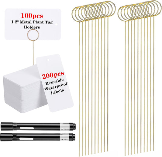 302 PCS Garden Labels Kit, 100 Metal Stakes & 200 White PVC Plant Tags with 2 Waterproof Markers, Reusable Weatherproof Plant Markers for Outdoor Garden Organization