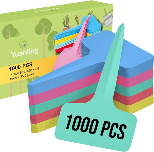 Plant Labels 1000 Pcs Yuanling T-Type Plastic Garden Tags Waterproof Plant Sign Stakes Nursery Garden Makers for Seedlings Flower Vegetables Herb Potted Belt Permanet Marker Pen (5 Colors)