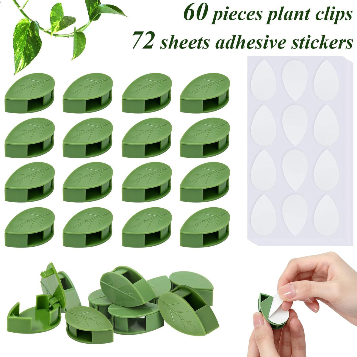 60 PCS Plant Wall Clips with Self Adhesive Stickers, Leaf Shaped Vine Clips
