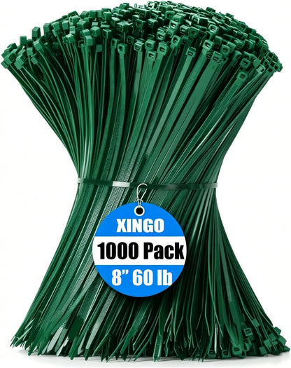 XINGO 1000 PCS Garden Green Zip Ties 8 Inch, 60 LBS Tensile Strength, Self-Locking Nylon Plastic Nylon PA66 Wire Ties for Indoor and Outdoor Use