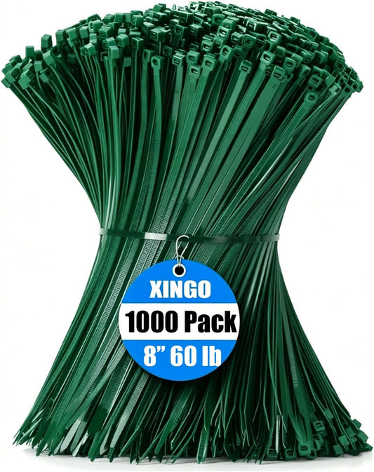 XINGO 1000 PCS Garden Green Zip Ties 8 Inch, 60 LBS Tensile Strength, Self-Locking Nylon Plastic Nylon PA66 Wire Ties for Indoor and Outdoor Use