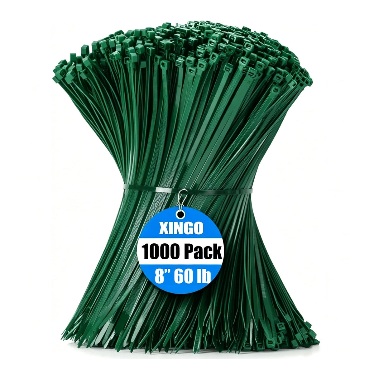 XINGO 1000 PCS Garden Green Zip Ties 8 Inch, 60 LBS Tensile Strength, Self-Locking Nylon Plastic Nylon PA66 Wire Ties for Indoor and Outdoor Use