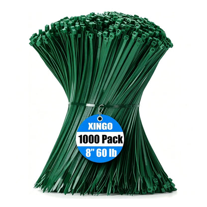 XINGO 1000 PCS Garden Green Zip Ties 8 Inch, 60 LBS Tensile Strength, Self-Locking Nylon Plastic Nylon PA66 Wire Ties for Indoor and Outdoor Use