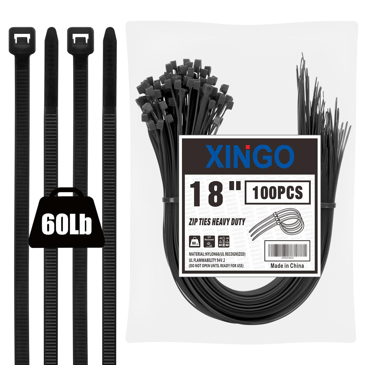 XINGO 18 inch Garden Green Zip Ties Heavy Duty (100 Pack), 60lb Tensile Strength, UV Resistant Cable Ties for indoor and outdoor use