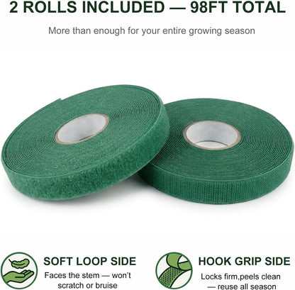 Plant Tape – Reusable Hook and Loop Plant Ties for Climbing Plants, Adjustable Garden Tape for Tomatoes, Vines & Indoor Plants | Nylon, 0.47 in Wide | 2 Rolls, 98ft