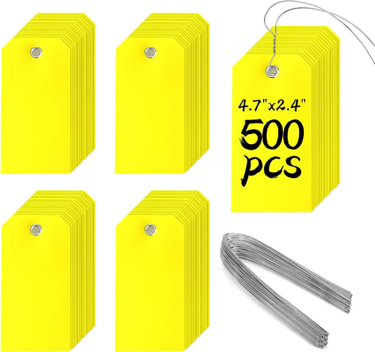 500 Pieces Plastic Shipping Tags with Wire Waterproof Hang Tags Heavy Duty Labeling Tags with String Wires Tags Labels Labeling Tags Stacking Tags for Equipment Car Parts (Yellow, 4 3/4 x 2 3/8)