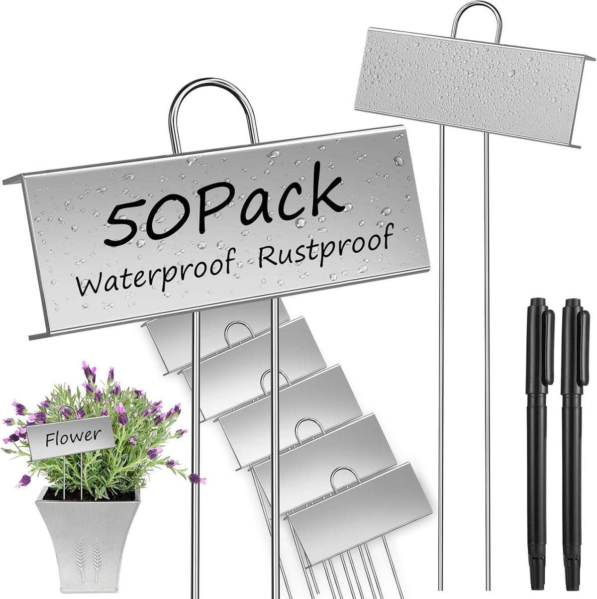 WSICSE 50-Pack Metal Plant Labels, 10.6 in Garden Markers with Pen, Silver