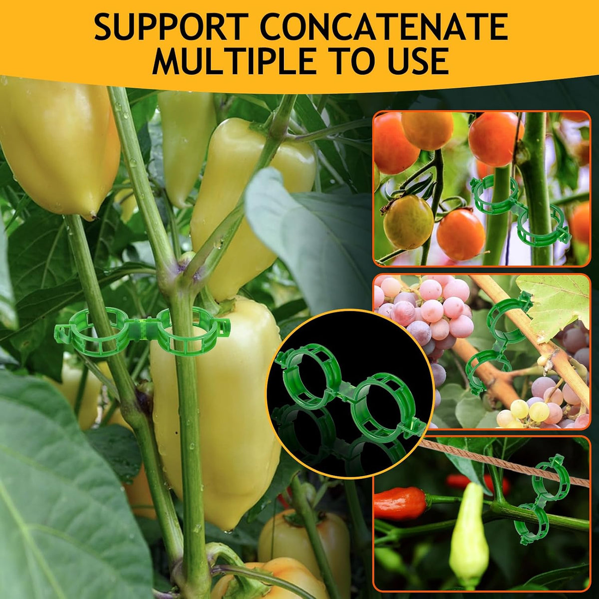 Secured Plant Support Clips - Heavy Duty Tomato Clips for String Trellis 200Pcs, Grape Vine Grid Clamp for Garden Netting Climbing Plants, Fixing Stem and Vine (Green)