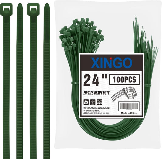XINGO 24 inch Garden Green Zip Ties Heavy Duty (100 Pack), 60lb Tensile Strength, UV Resistant Cable Ties for indoor and outdoor use