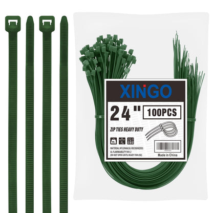 XINGO 24 inch Garden Green Zip Ties Heavy Duty (100 Pack), 60lb Tensile Strength, UV Resistant Cable Ties for indoor and outdoor use