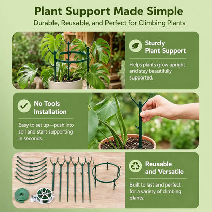 12 Pack Monstera Plant Support, Stackable Plant Sticks Support Tall for Indoor Climbing Plants, with Clips & Ties, Green Reusable Plant Support Poles for Pothos, Vines