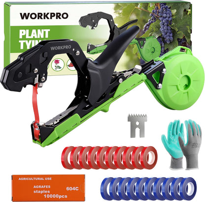 WORKPRO Plant Tying Machine with Gloves & 20 Rolls of Tape & 10,000 Staples