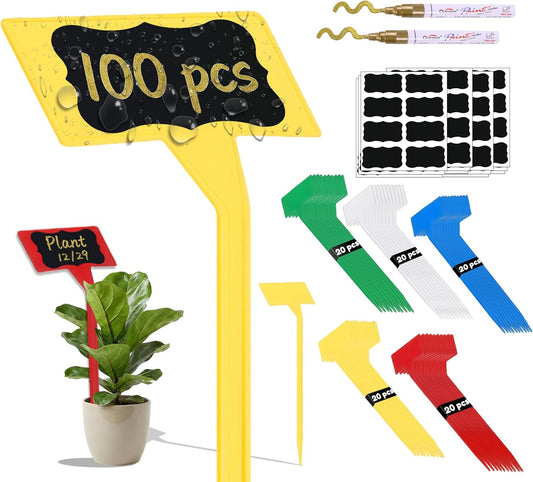 100 Pack Large 11.8" Plant Labels for Outdoor Garden Waterproof, T-Type Garden Label Stakes & Plant Tags with Black Stickers & Gold Pen, Tall Plant Markers for Outdoor Plants, Vegetables