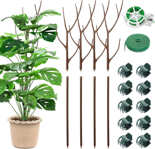 ROADPLUM 4 Pack 27.56" Detachable Twig Plant Support Stakes Set, Blends in to Plant, Branch Plant Sticks with Orchid Clips Twist Plant Ties, Twig Trellis for Indoor Outdoor Plants Potted Plants Flower