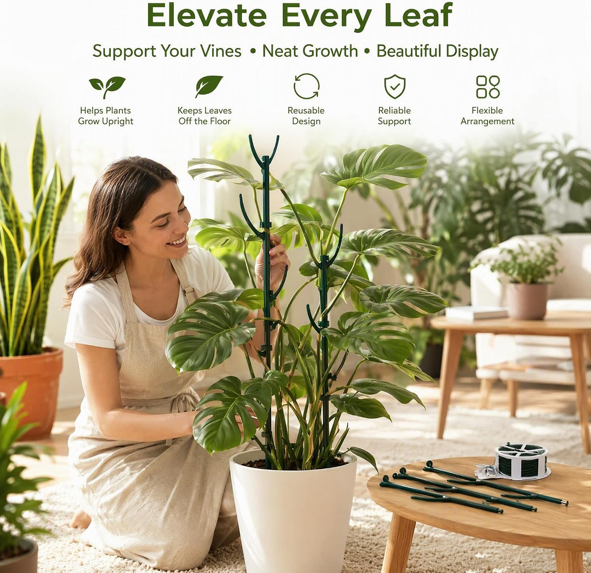12 Pack Monstera Plant Support, Stackable Plant Sticks Support Tall for Indoor Climbing Plants, with Clips & Ties, Green Reusable Plant Support Poles for Pothos, Vines