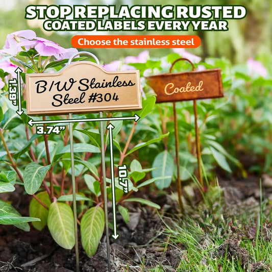 Stainless Steel 304 Plant Labels Weatherproof, Metal Garden Label Tall Markers 25 Pack for Plants Vegetables Herb Seedlings Flowers with 2 Pens, Height 10.75 Inch, Label Area 3.74'' x 1.39''