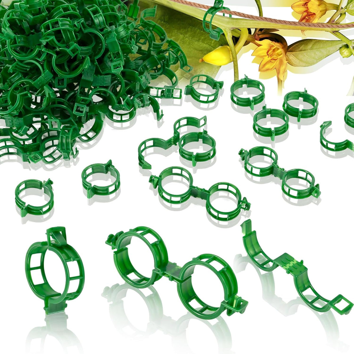 Secured Plant Support Clips - Heavy Duty Tomato Clips for String Trellis 200Pcs, Grape Vine Grid Clamp for Garden Netting Climbing Plants, Fixing Stem and Vine (Green)